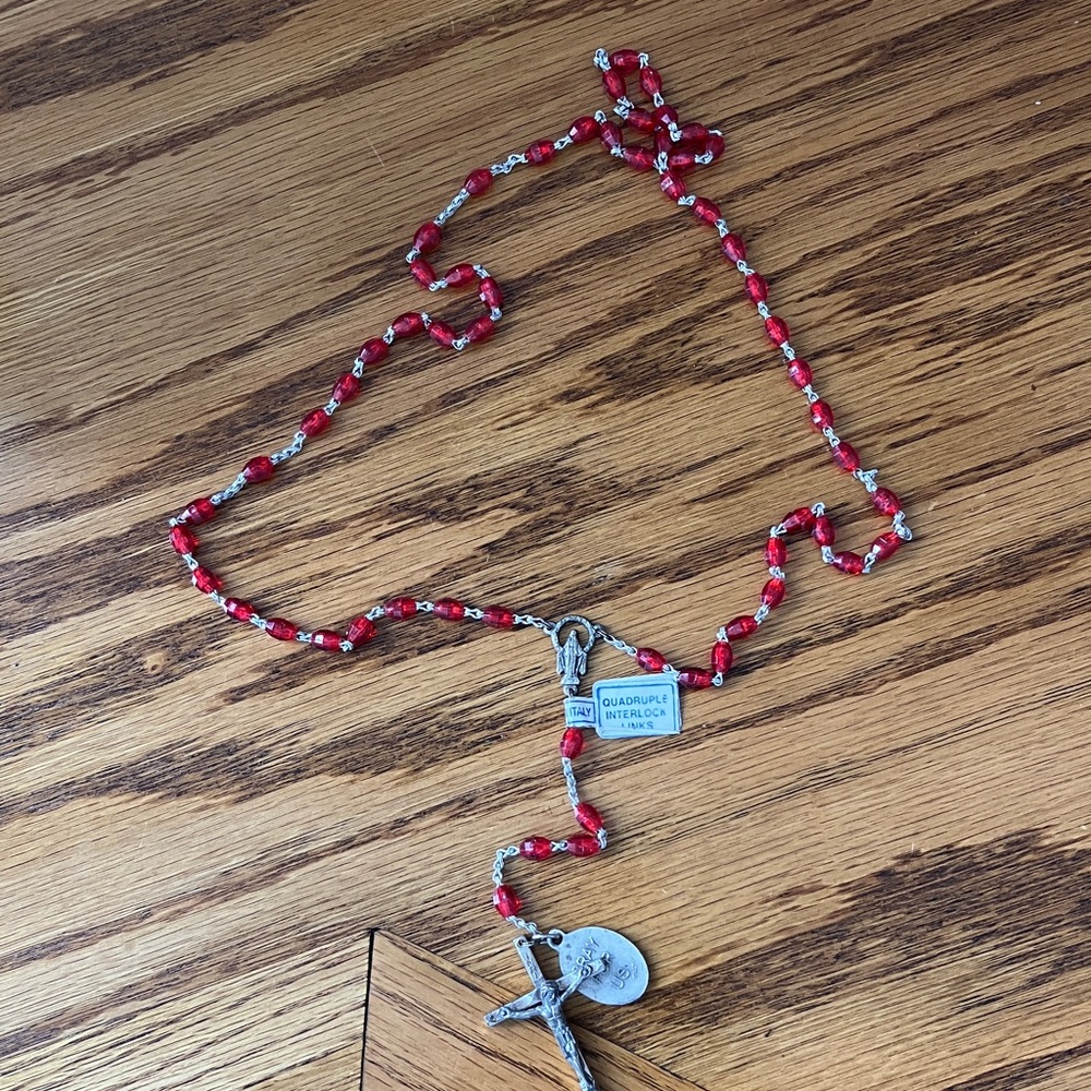 Red Beaded Rosary Necklace